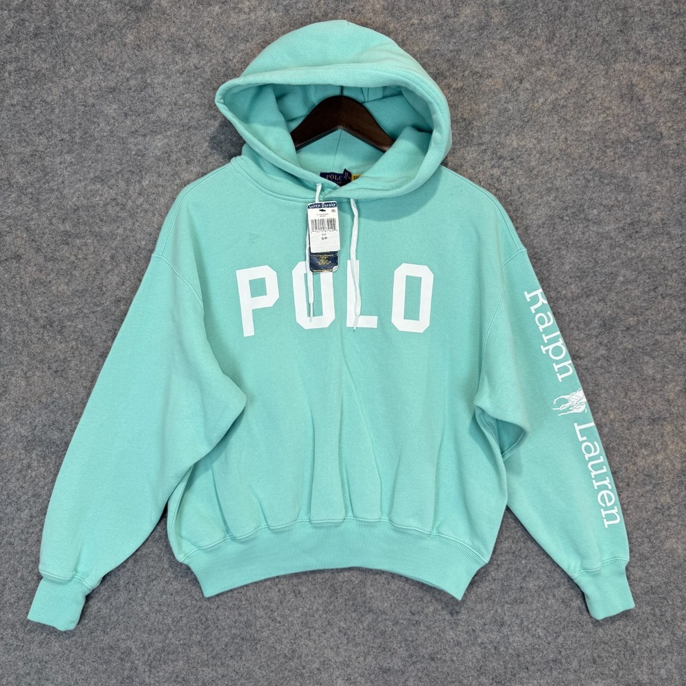 Polo Ralph Lauren Hoodie Sweatshirt Womens Small Relaxed Spell Out Arm Logo NEW